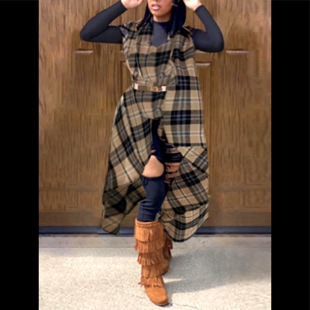 Trendy Sleeveless Flannel/Grid Print Coffee Coat/Capes /Shaws/ Cloaks /Winter
